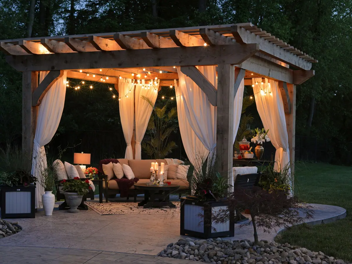 Garden pergola with curtains, string lights and lounge seating at dusk
