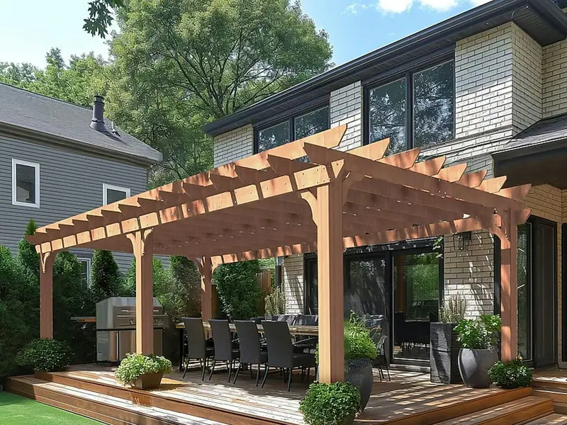 Wooden pergola over a deck dining area with a grill and planters